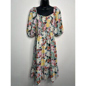 Opd Floral Smocked Midi Dress With Puff Sleeves Multicolor 1XL